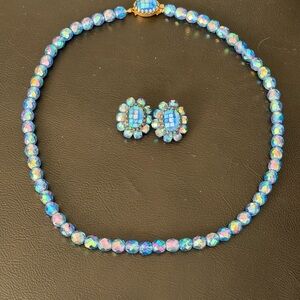 Vintage Blue Glass Bead Iridescent Coated necklace & clip earring Set 1950s Rare